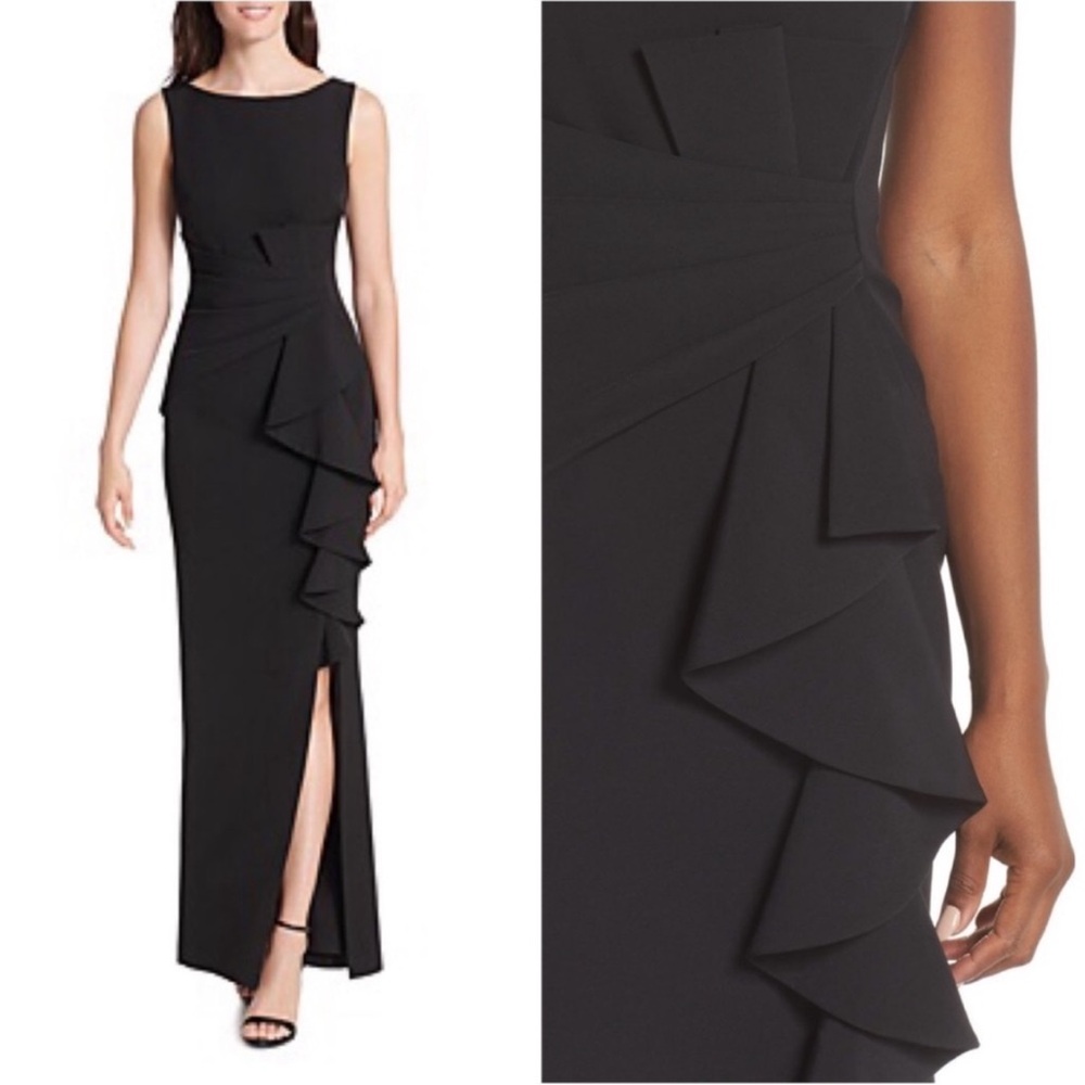 Eliza J Sleeveless Cascading-Ruffle Gown Black size 0 NEW